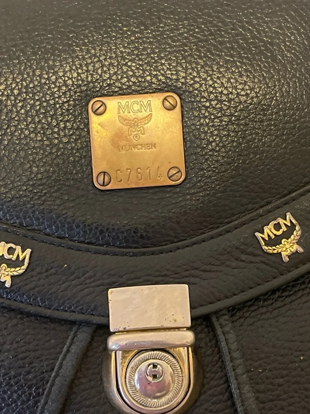 MCM Black Leather Logo Accent Backpack with Gold Plaque